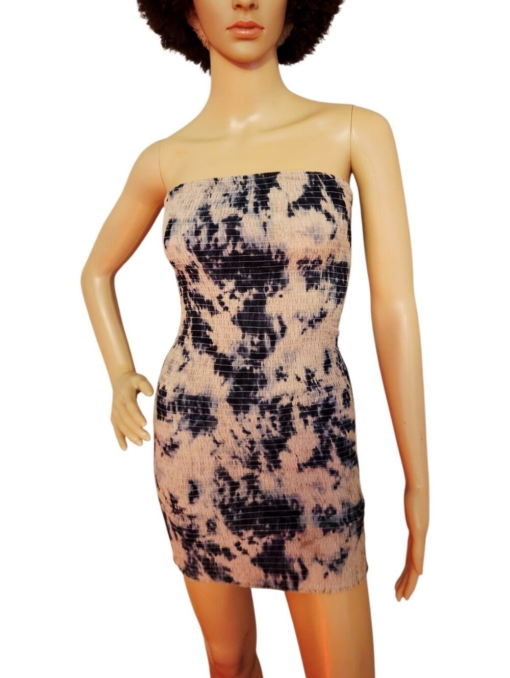 Staring at Stars Black and Cream Tie Dye Smocked Strapless Mini Dress Boho Hippy